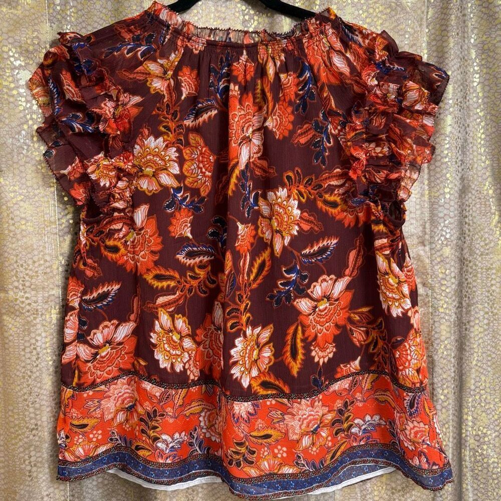 Old Navy Red Orange‎ Boho Paisley Floral Ruffle Sleeve Blouse Medium - Picture 2 of 8